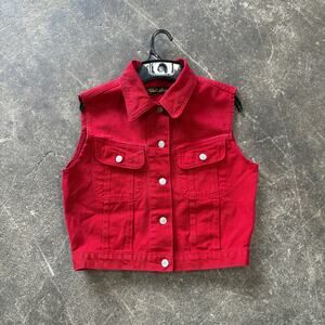 Vintage Team Tactics Denim Vest Womens S Red Jean Button Down Trucker Biker